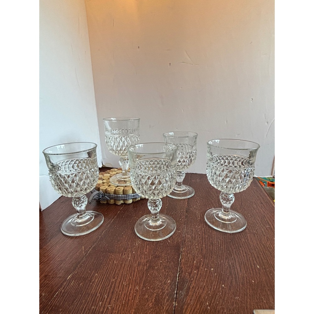 Vintage Clear Diamond Point Pressed Glass Goblets Stemware Set of 5 Water Wine